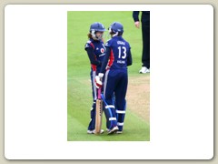 2008, England, a lighter moment conferring with Caroline Atkins during a record breaking stand at Lord's