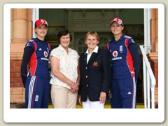 2008, England, Following a record breaking stand with Caroline Atkins at Lord's the pair pose with the previous holders, Lyn Thomas and Enid Bakewell.